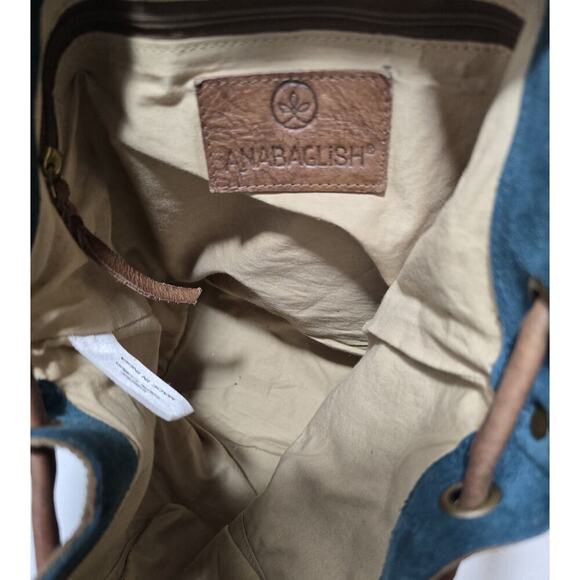 Anabaglish Suede/Leather Drawstring Hobo Shoulder Bag Purse Teal with Brown Trim - Picture 11 of 15